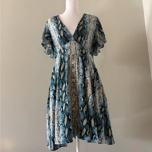 Buddy Love Teal and Cream Snake-Print Midi Dress